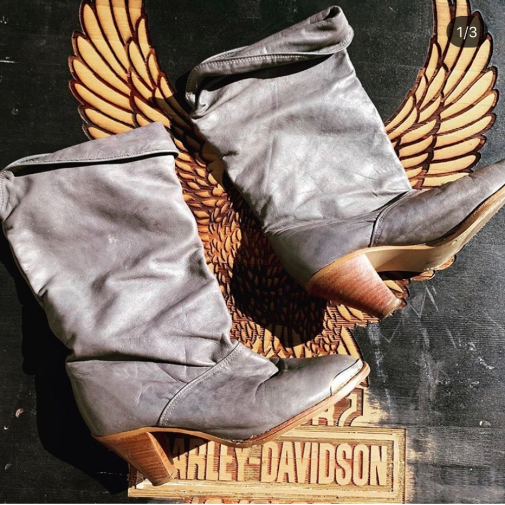 Slouch silver tipped grey Cowboy boots.